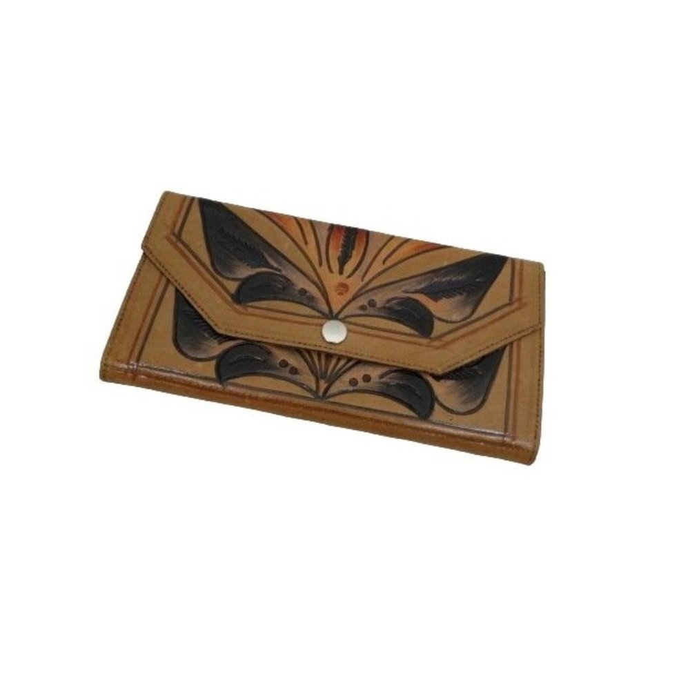 Vintage Tan and Black Tooled Leather Clutch Wallet